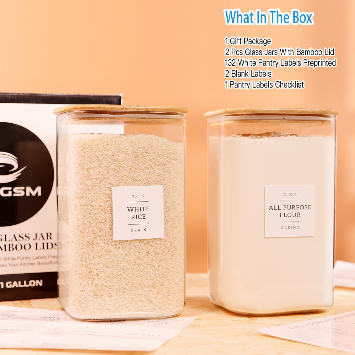 2 Pack Square Glass Flour and Sugar Containers with 132 Kitchen Pantry Labels - Thicken 149 FL OZ Large Glass Storage Jars with Airtight Bamboo Lid - Big Food Canisters for Rice, Pasta, Cookie