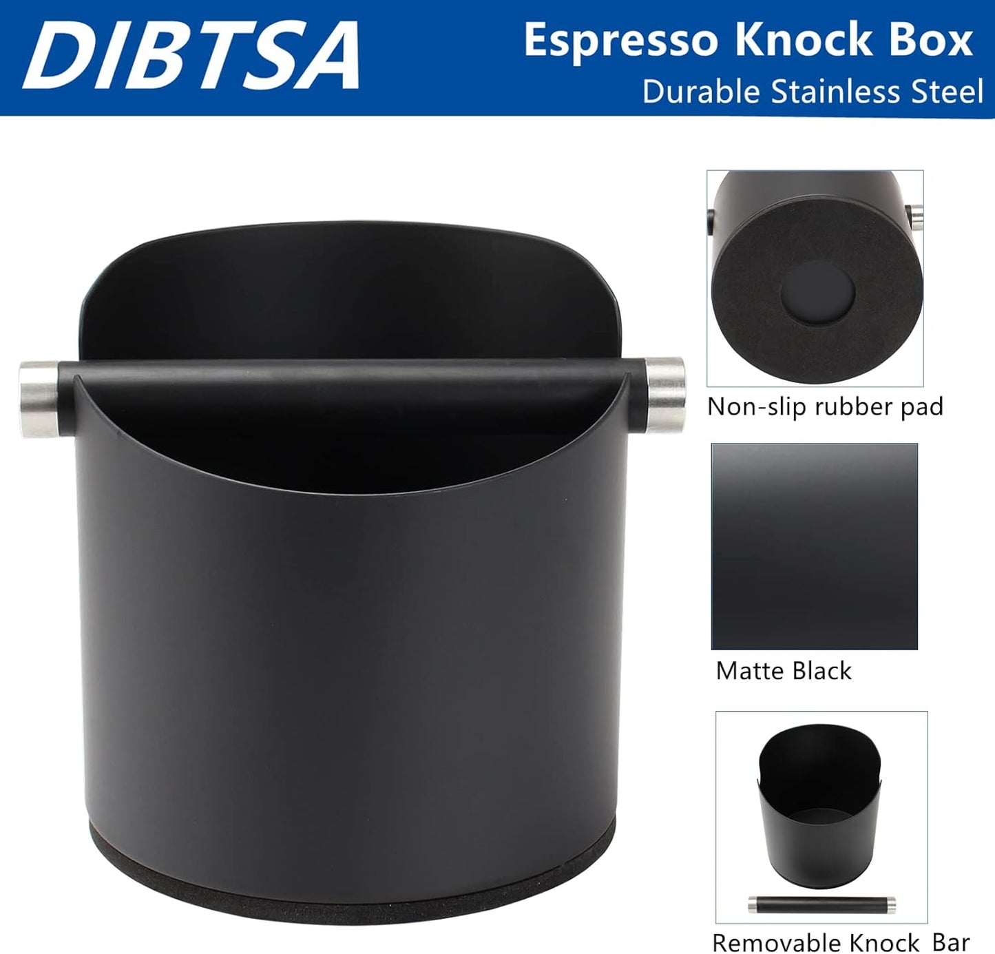 DIBTSA Large Size Coffee Knock Box, Espresso Knock Box Stainless Steel Espresso Machine Accessories with Removable Knock Bar and Non-Slip Base Coffee Grounds Container Bin (Black)