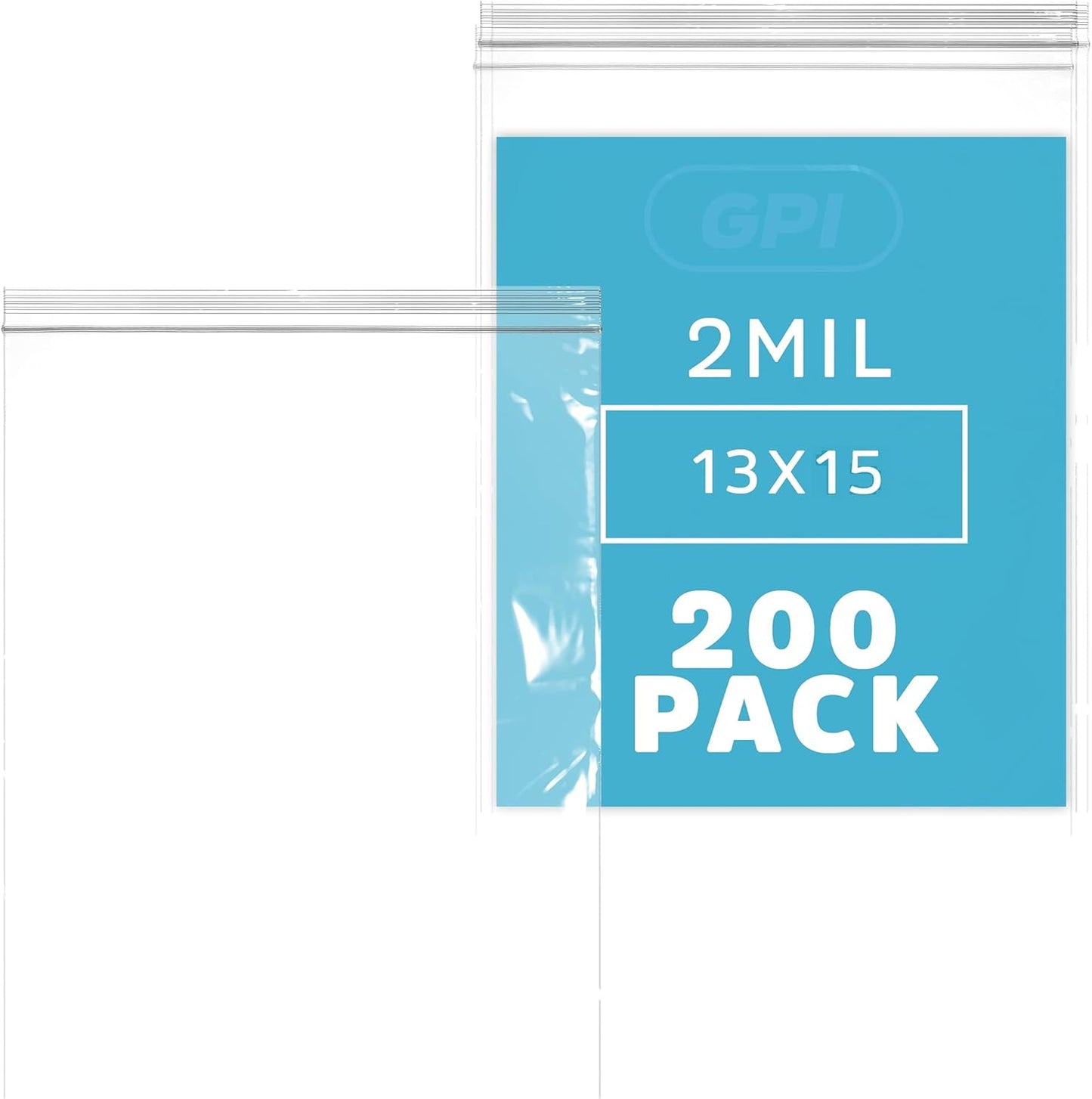 GPI PACK of 200, 2 Gallon, 13" x 15", CLEAR PLASTIC RECLOSABLE ZIP BAGS - Bulk 2 mil, Large, Strong & Durable Poly Baggies with Resealable Zip Top Lock for Travel, Storage, Packaging & Shipping.