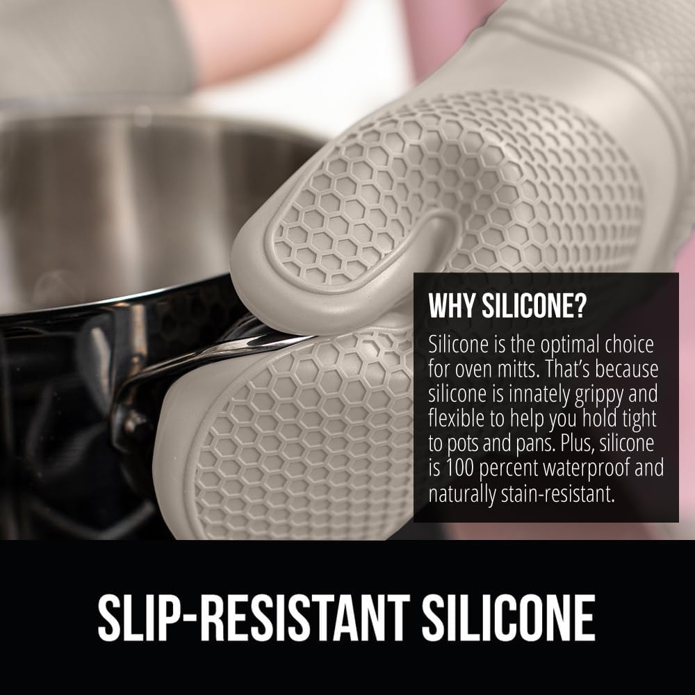 GORILLA GRIP BPA-Free Soft Silicone Oven Mitts, 14.5x8.3, Heat Resistant and Waterproof Cooking Gloves, Thick Cotton Lining, Flexible Gripping for Baking Grilling, Kitchen Potholders Set of 2, Almond