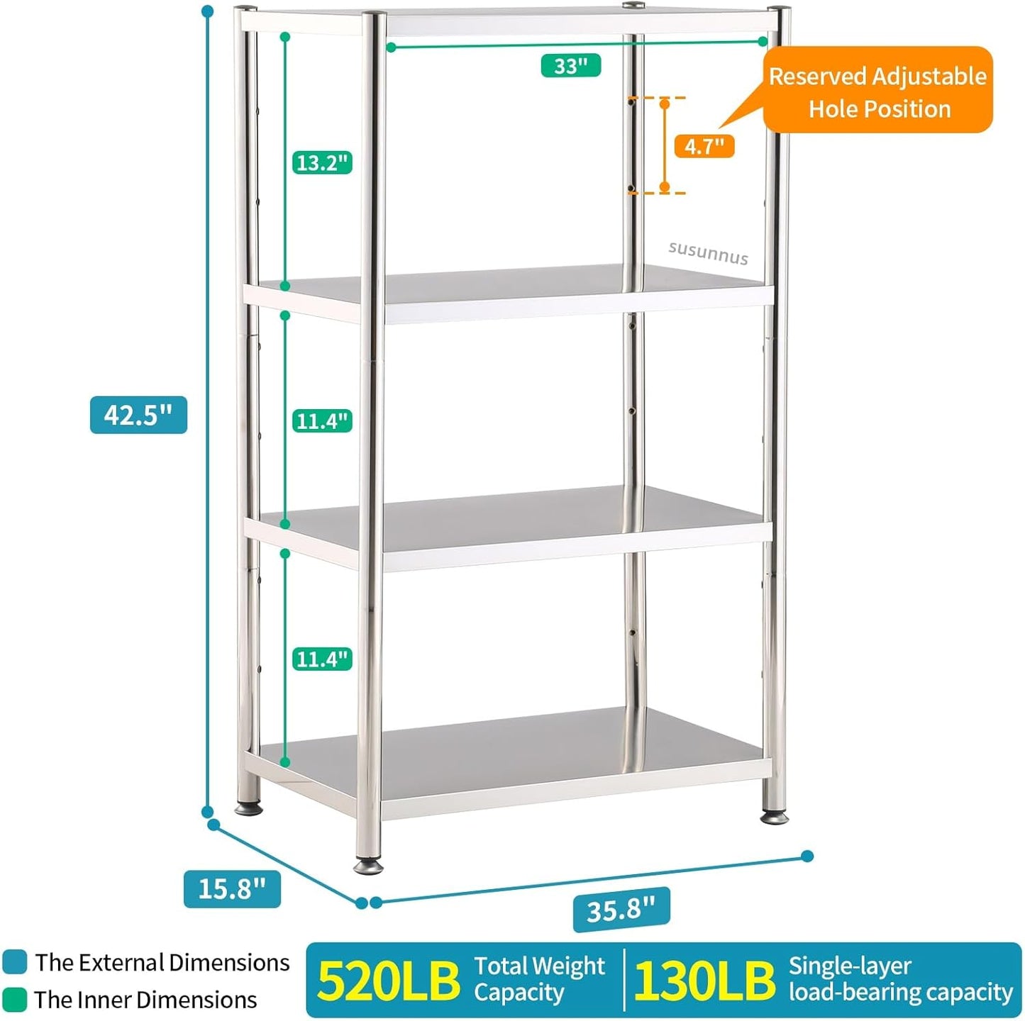 susunnus 4-Tier Stainless Steel Shelf, Heavy Duty Shelving for Kitchen, Garage, Industrial Storage, Kitchen Shelves Adjustable Feet, Easy to Clean(35.8in*15,8in Without Guardrails)
