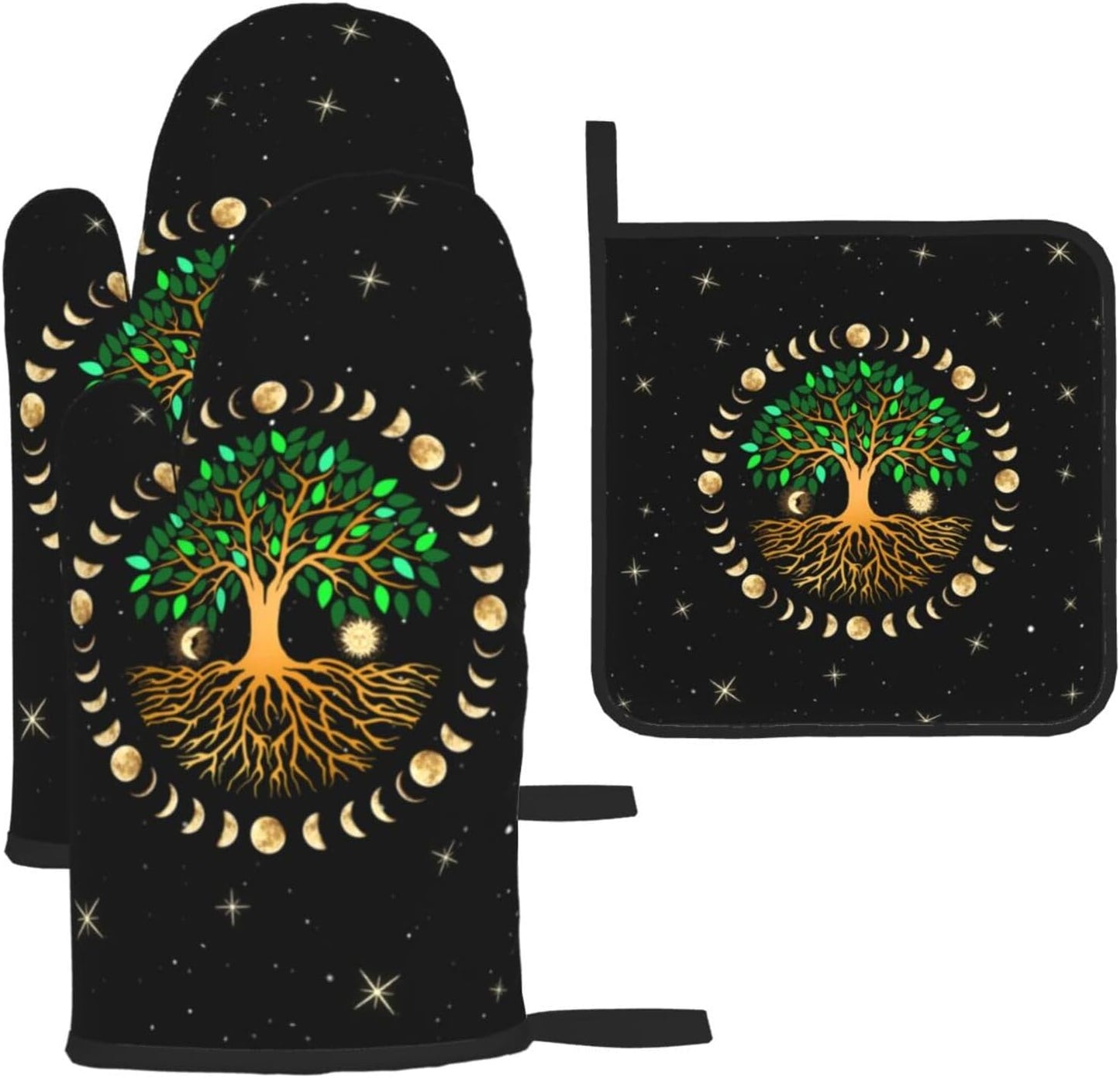 Black Oven Mitts and Pot Holders Sets of 3 Heat Resistant Hot Pads Ancient Life Tree Decorative Oven Gloves for Cooking Grilling Baking Kitchen Moon Luna Hippy Decor