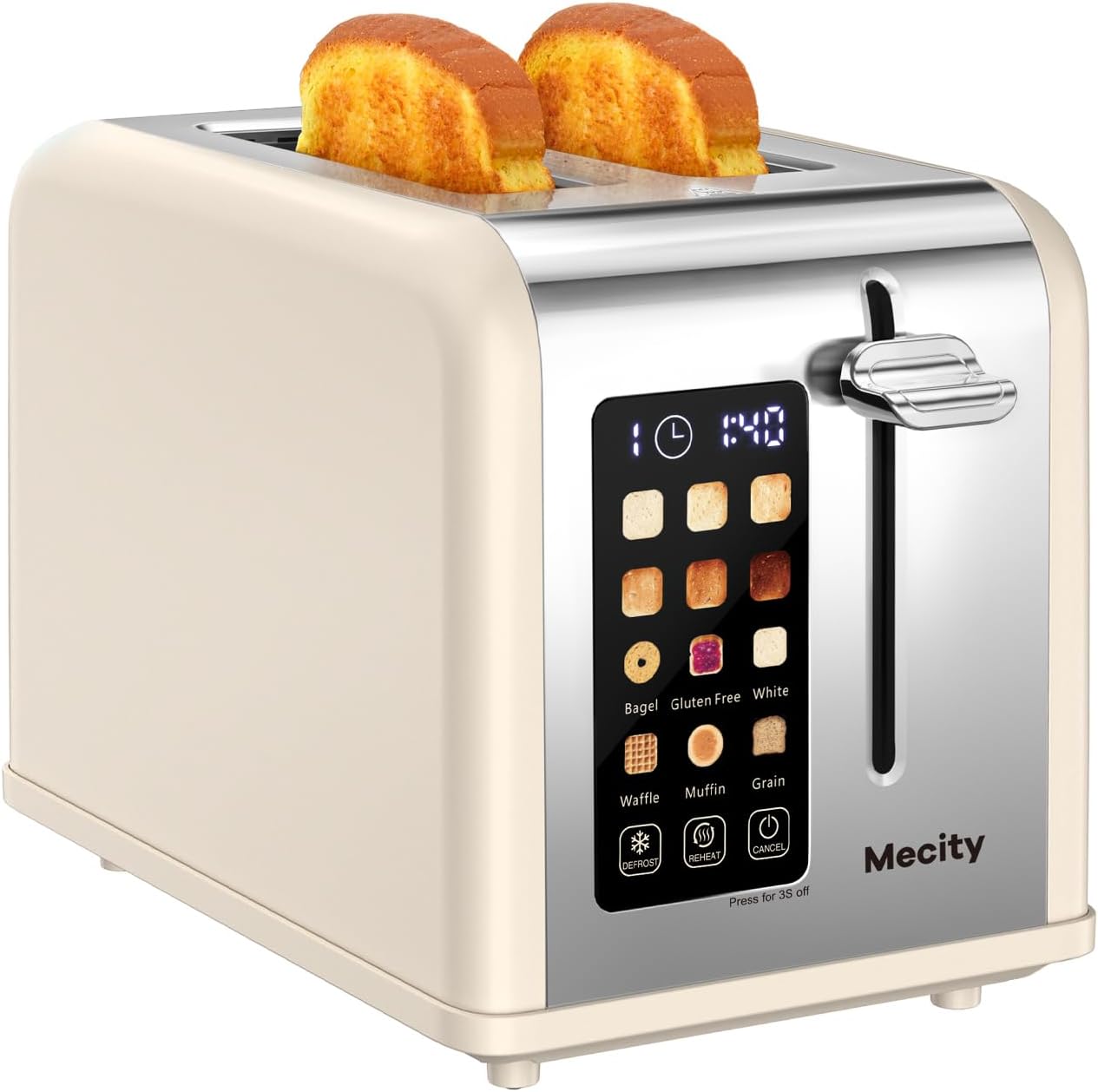 Mecity 2 Slice Touch Screen Toaster, 1.5" Wide Slot, Stainless Steel Smart Toaster for Bagels, Muffins, Waffles, Gluten-Free Breads, Defrost, Reheat, Timer, 120V 825W, Cream Color