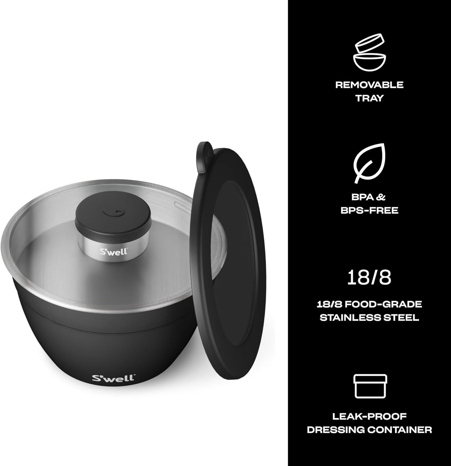 S’well Stainless Steel 64oz Salad Bowl Kit in Onyx, Comes with 2oz Condiment Container and Removable Tray for Organized Serving, Leak-Proof and Dishwasher Safe