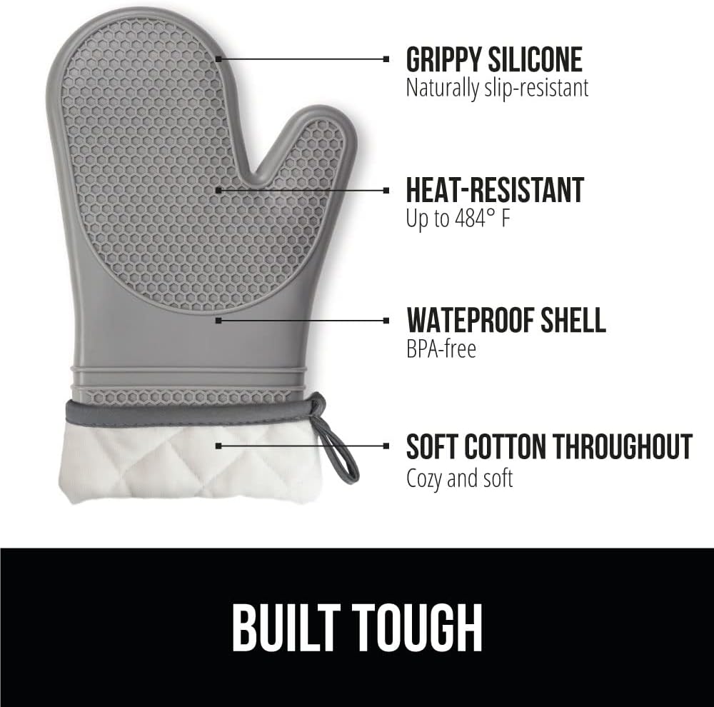 GORILLA GRIP BPA-Free Soft Silicone Oven Mitts, Heat Resistant and Waterproof Cooking Gloves, Thick Cotton Lining, Flexible Gripping for Baking Grilling, Kitchen Potholders Set of 2, 12.5x8.3, Gray