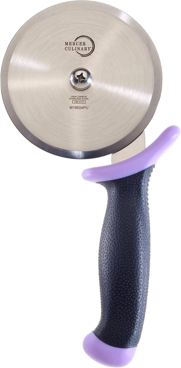 Mercer Culinary Millennia Pizza Cutter with Purple Handle, 4 Inch Wheel, Stainless Steel