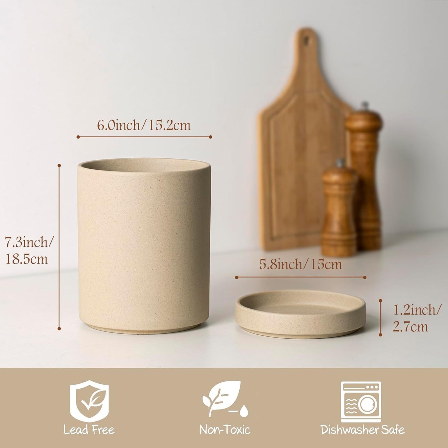 Utensil Holder, 7.3" Ceramic 2-in-1 Utensil Holder Set with Base for Countertop, Cooking Utensil Crocks for Kitchen Counter, Organizer for Spatulas & Spoons, Farmhouse Decor, Pottery Clay