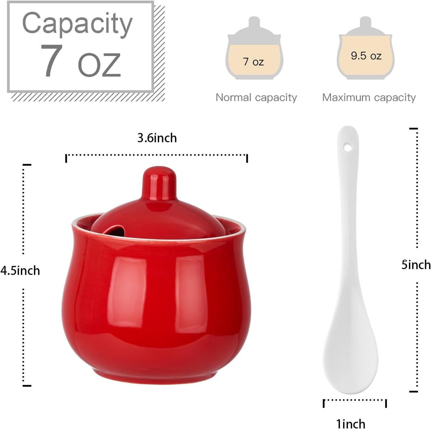 Ceramic Sugar Bowl with Lid and Spoon, Red Porcelain Sugar Salt Pepper Storage Jar, 8 Ounces