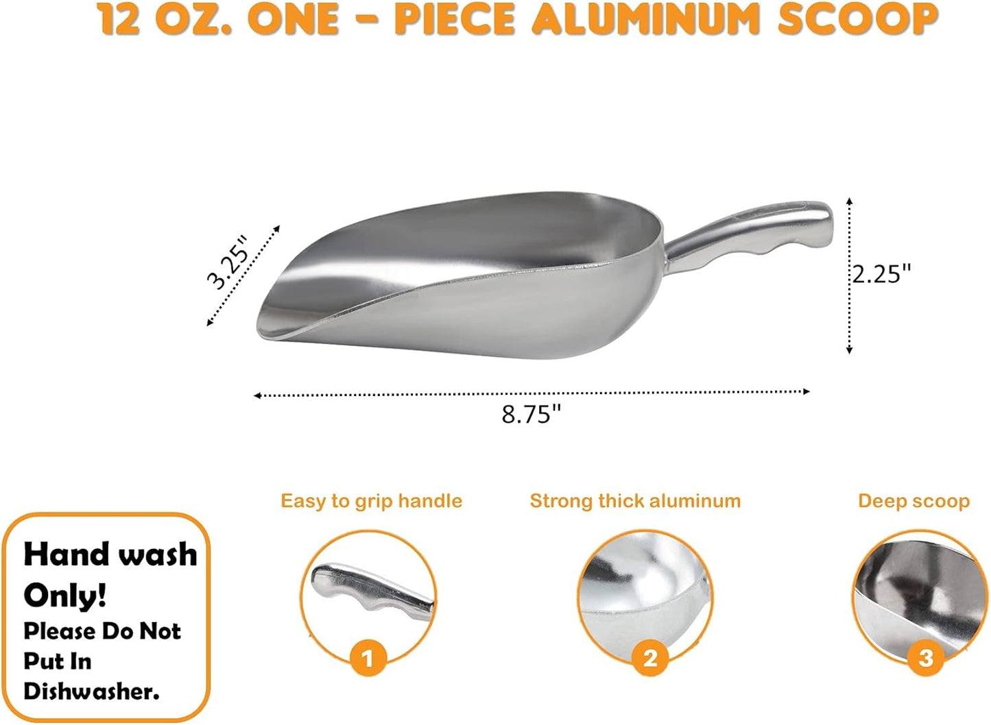 Cast Aluminum Utility Scoop - 12 oz. - Round Bottom, ice scoop For Multi-Purpose Use, With Finger Groove Handle (Hand Wash Only) (12 oz.)