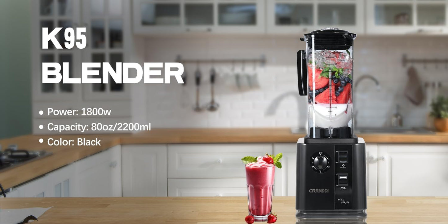 CRANDDI Commercial Blenders 1800W, 80oz Professional High-Speed Countertop Blenders for Smoothies, Self-Cleaning, Come with Tamper and 20oz to-go cup, K95 (Black)