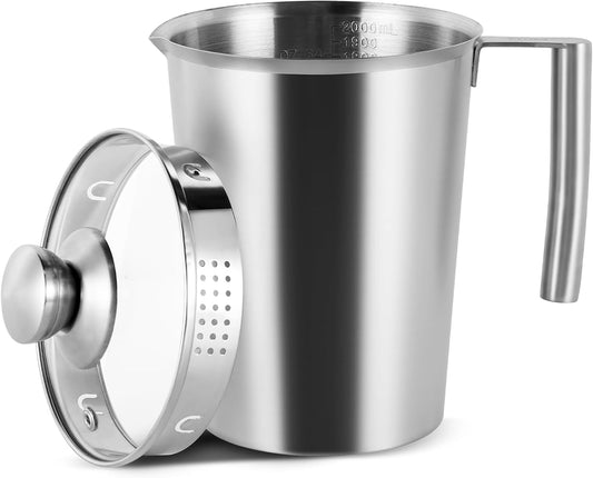 2000ml Stainless Steel Measuring Cup 64 oz with Handle and Glass Lid, Metal Measuring Pitchers with ML/Ounce Scale, Large Mouth Graduated Beakers