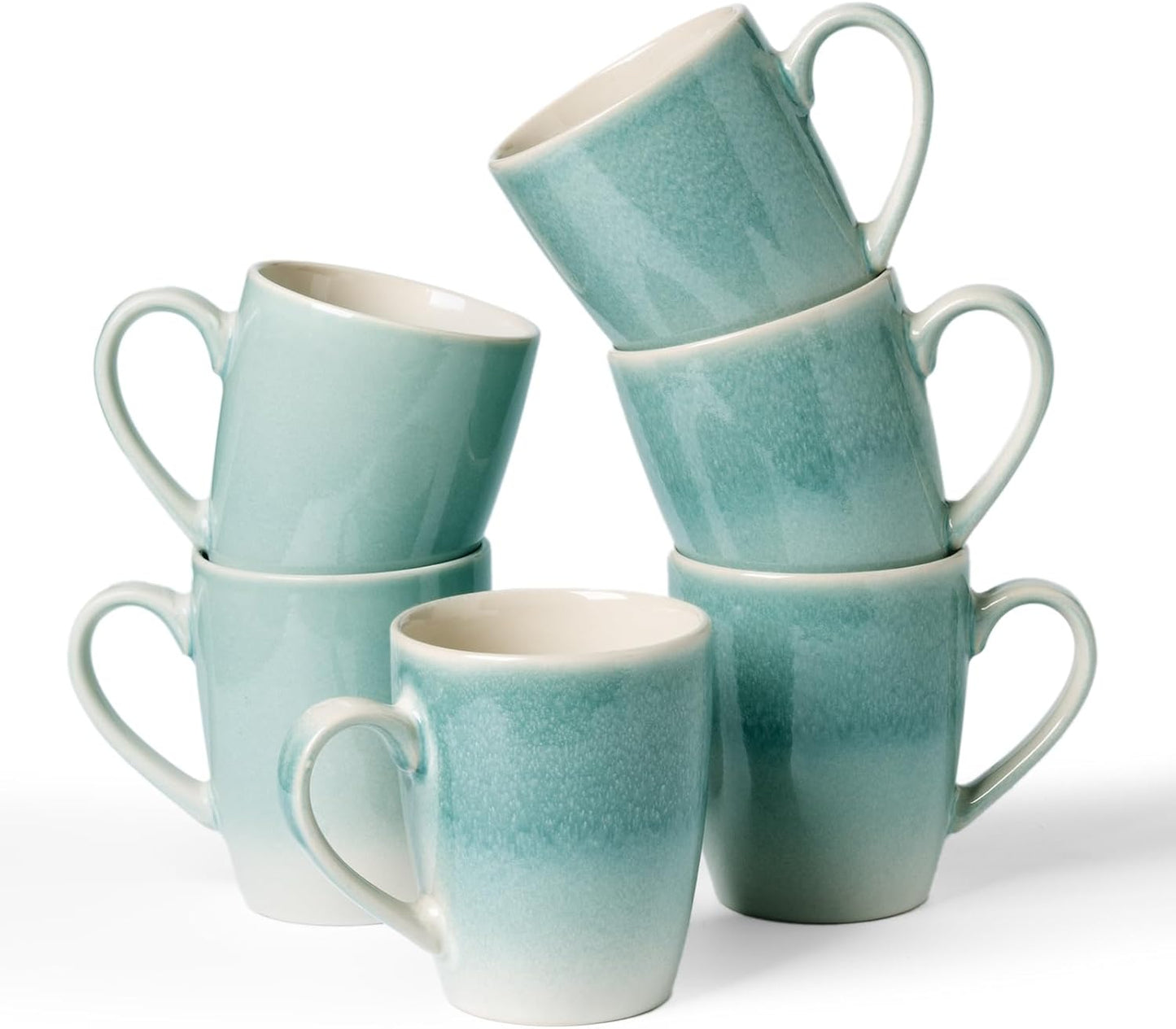 famiware Coffee Mugs Set, 13 oz Mug Set of 6, Stoneware Cups for Latte, Hot Tea, Mocha, Cocoa, Cappuccino, Microwave and Dishwasher Safe, Glacier Series, Aqua