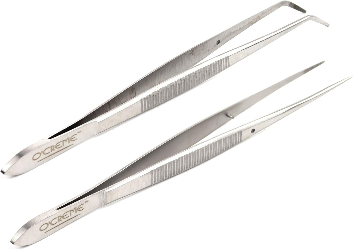 O'Creme Stainless Steel Precision Kitchen Culinary Fine-Tip Tweezer Tongs, 1 Curved and 1 Straight