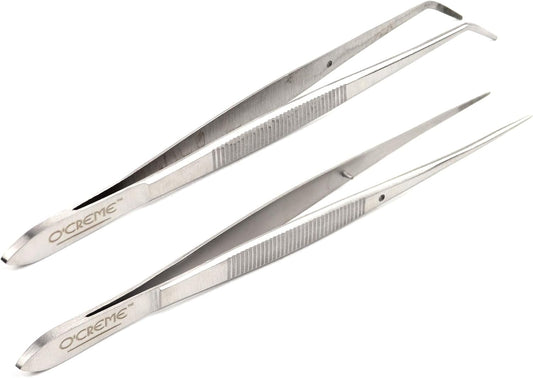 O'Creme Stainless Steel Precision Kitchen Culinary Fine-Tip Tweezer Tongs, 1 Curved and 1 Straight