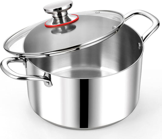 P&P CHEF 8 Quart Tri-Ply Stainless Steel Stock Pot, 8 Qt Stockpot Pasta Cooking Pot with Visible Lid for Soup Vegetable, Induction Cookware for All Stoves, Sturdy & Double Handle, Dishwasher Safe