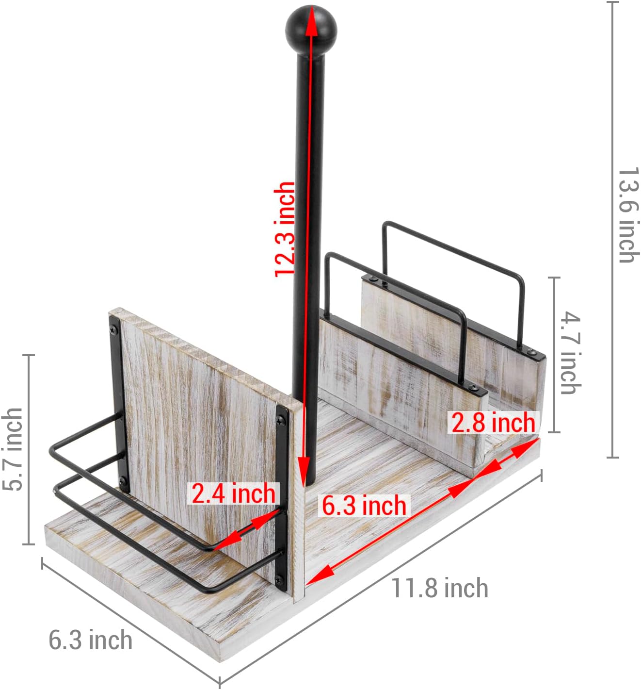 MyGift All-in-One Paper Towel Holder Kitchen Caddy, Shabby Chic Whitewashed Solid Wood and Industrial Matte Black Metal Dining Combo Rack with Paper Towel Dispenser, Napkin Holder, and Spice Rack
