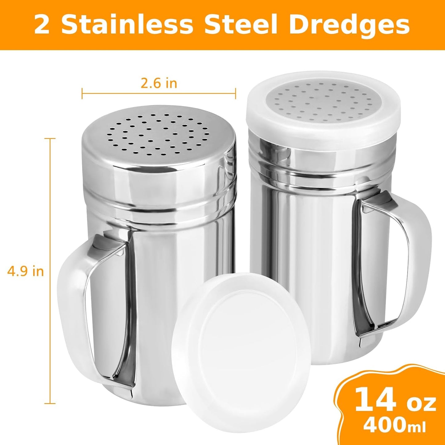 Accmor 2pcs Stainless Steel Dredge, Salt Pepper Dredge Shakers with Handle, Seasonings Spice Shakers with Lid, 14 Ounce