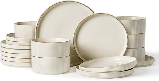 Famiware Star Dinnerware Set, Plates and Bowls Sets for 6 (18pcs), Ribbed Stoneware Dishes - Chip & Scratch Resistant, Microwave & Dishwasher Safe Kitchenware, Vanilla White