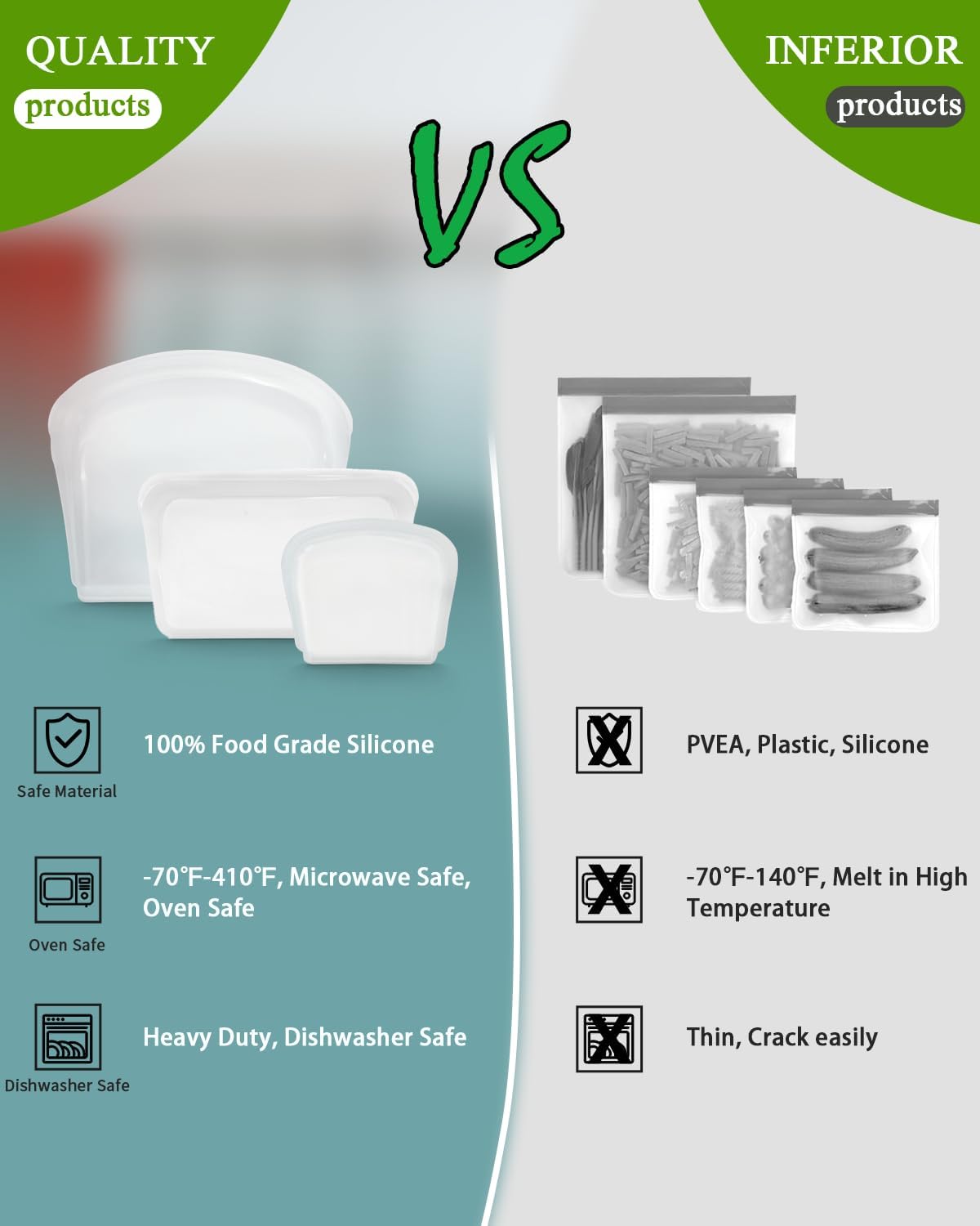 Reusable Silicone Storage Bag, 8Pack Pocket, Snack, and Sandwich Bag, Endurables Seal-Top Silicone Bags for Food Storage, Freezer, Microwave, Oven, Dishwasher Safe (Clear)