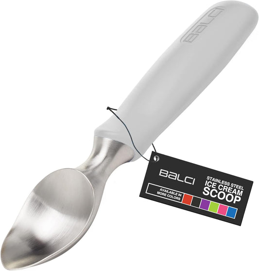 BALCI Ice Cream Scoop - Heavy Duty Stainless Steel Icecream Scooper With Non-Slip Rubber Grip - Professional Metal Ice-Cream Spade - Dishwasher Safe – Grey