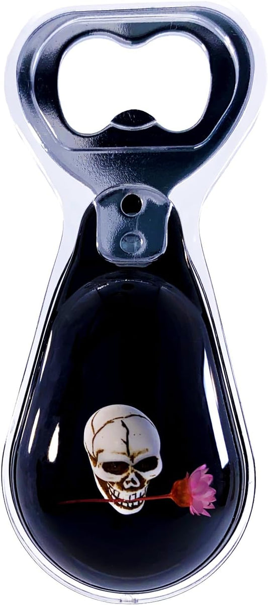 Halloween Ghost Skull Decor, Magnetic Bottle Opener, Original Design Skull Biting Flower in Black Resin – Strong Magnet for Fridge – Gothic Halloween Gifts - Black