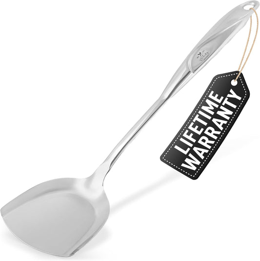 Zulay Kitchen Stainless Steel Metal Wok Spatula - Durable Wok Turner Spatula Shovel - Durable Utensil with Ergonomic, Easy to Use Handle - Easy to Clean, Perfect for at Home Cooks & Chefs - 14.8”