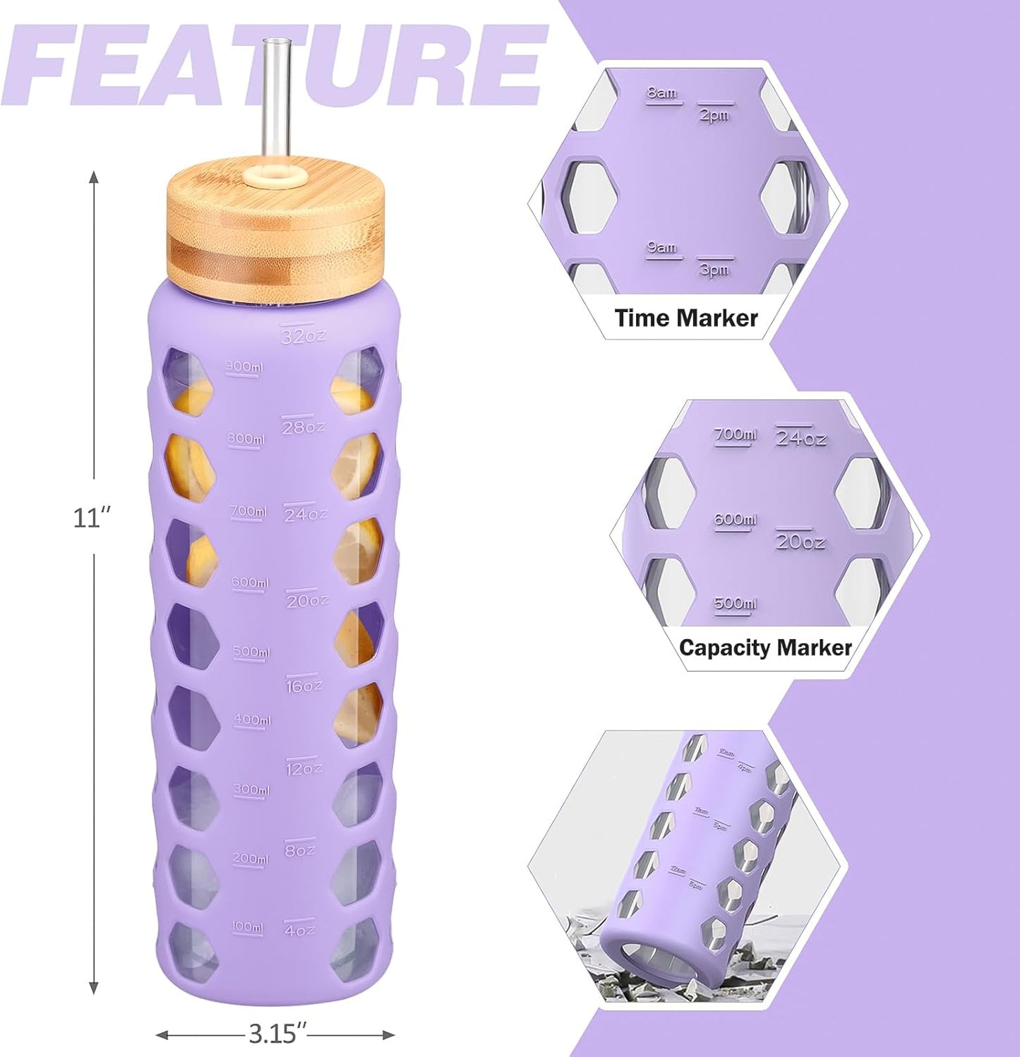 MUKOKO Glass Water Bottles, 32oz Glass Tumbler with Straw, Drinking Bottles with 2 Lids-Handle Spout Lid&Bamboo Straw Lid, Motivational Water Bottle with Time Marker and Silicone Sleeve, 1 Pack-Purple