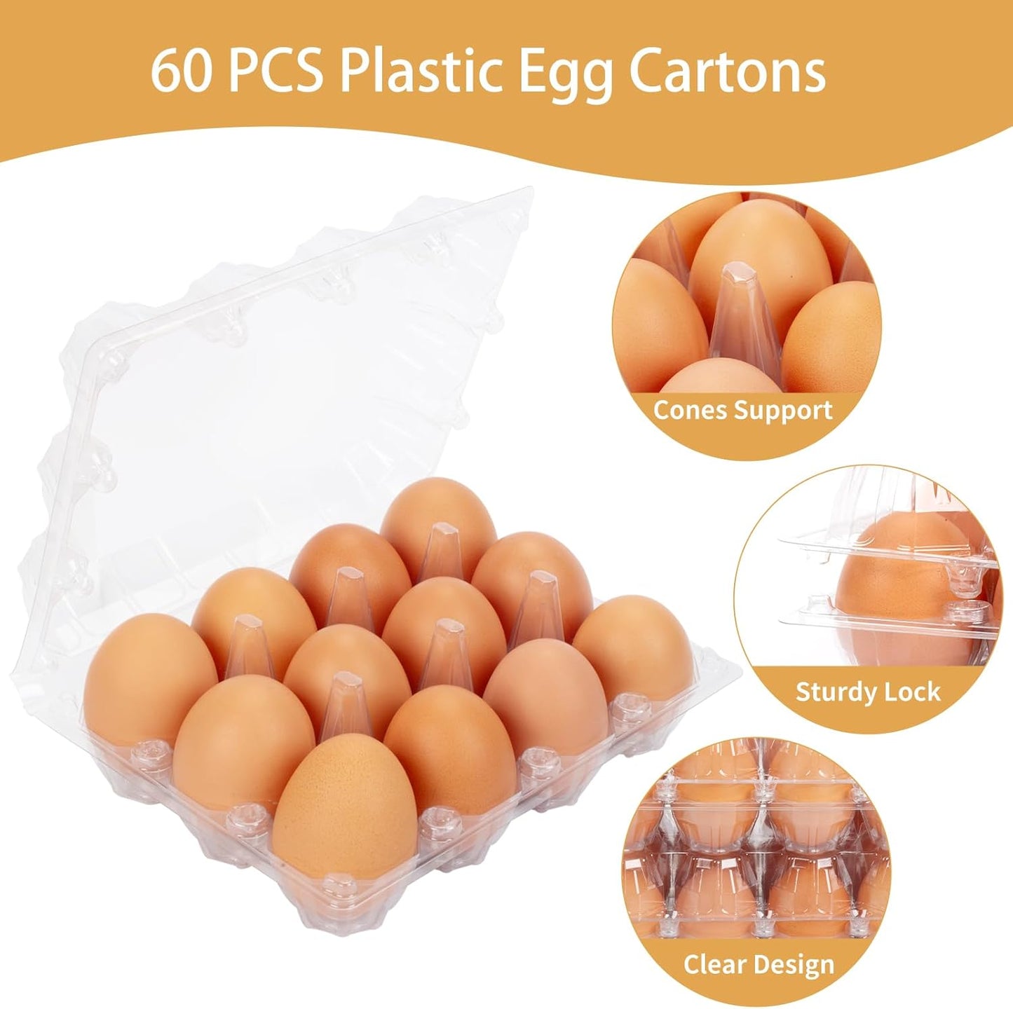60 Pack Plastic Egg Cartons Cheap Bulk 1 Dozen Clear Empty Egg Cartons for Chicken Eggs, Reusable Egg Containers for Home Ranch Chicken Farm, Commercial Business Market Display, 3x4 Grids, Large