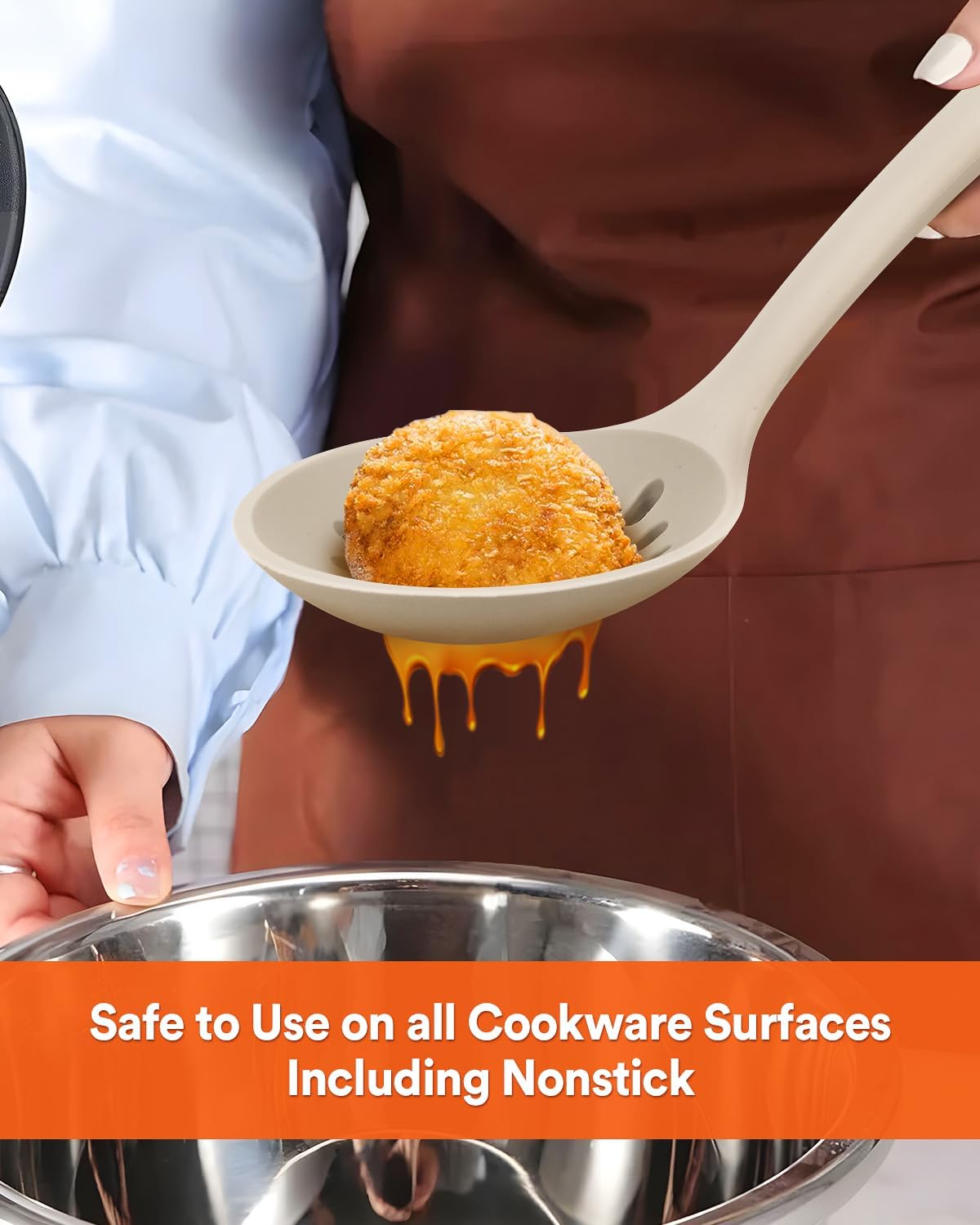 Kitchen Ladle Strainer, Large Slotted Spoon with High Heat Resistant BPA Free, Non Stick Cooking Skimmers For Draining & Frying, 13.2inch (Khaki)