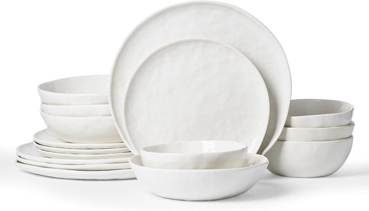 Famiware Porcelain kitchen plates and bowls set, Modern dishes set for 4, Handmade Wave Edge Dinnerware Sets, Microwave and Dishwasher Safe Tableware, Polar White (16pc)
