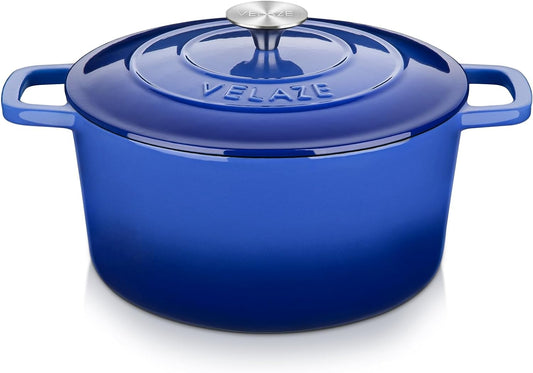 Velaze 6 QT Enameled Dutch Oven Pot with Lid, Cast Iron Dutch Oven with Dual Handles for Sourdough Bread Baking, Cooking, Non-stick Enamel Coated Cookware (Blue)