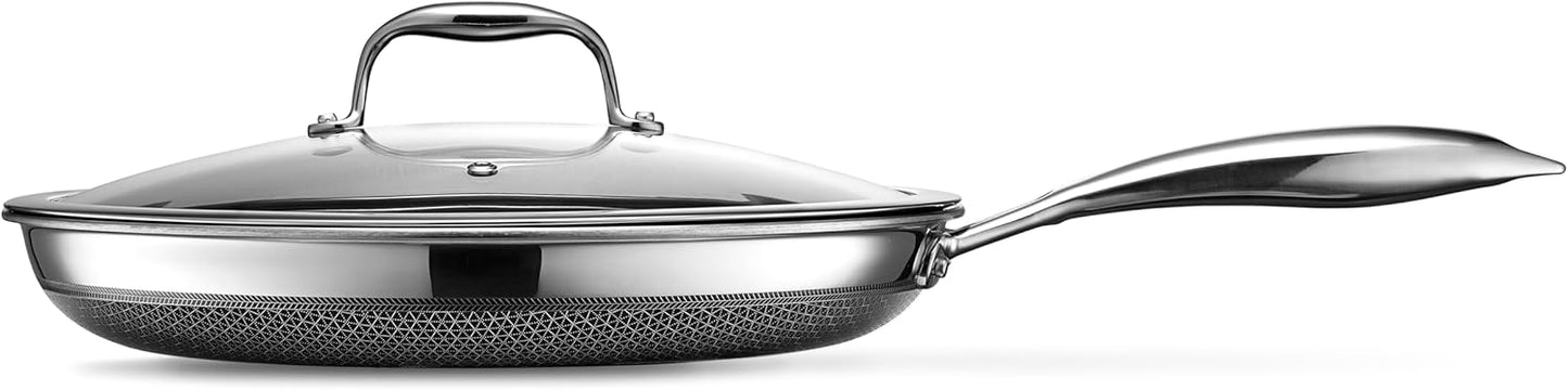 HexClad Hybrid Nonstick 12-Inch Frying Pan with Tempered Glass Lid, Stay-Cool Handle, Dishwasher-Friendly, Oven-Safe Up to 900°F, Induction Ready, Compatible with All Cooktops