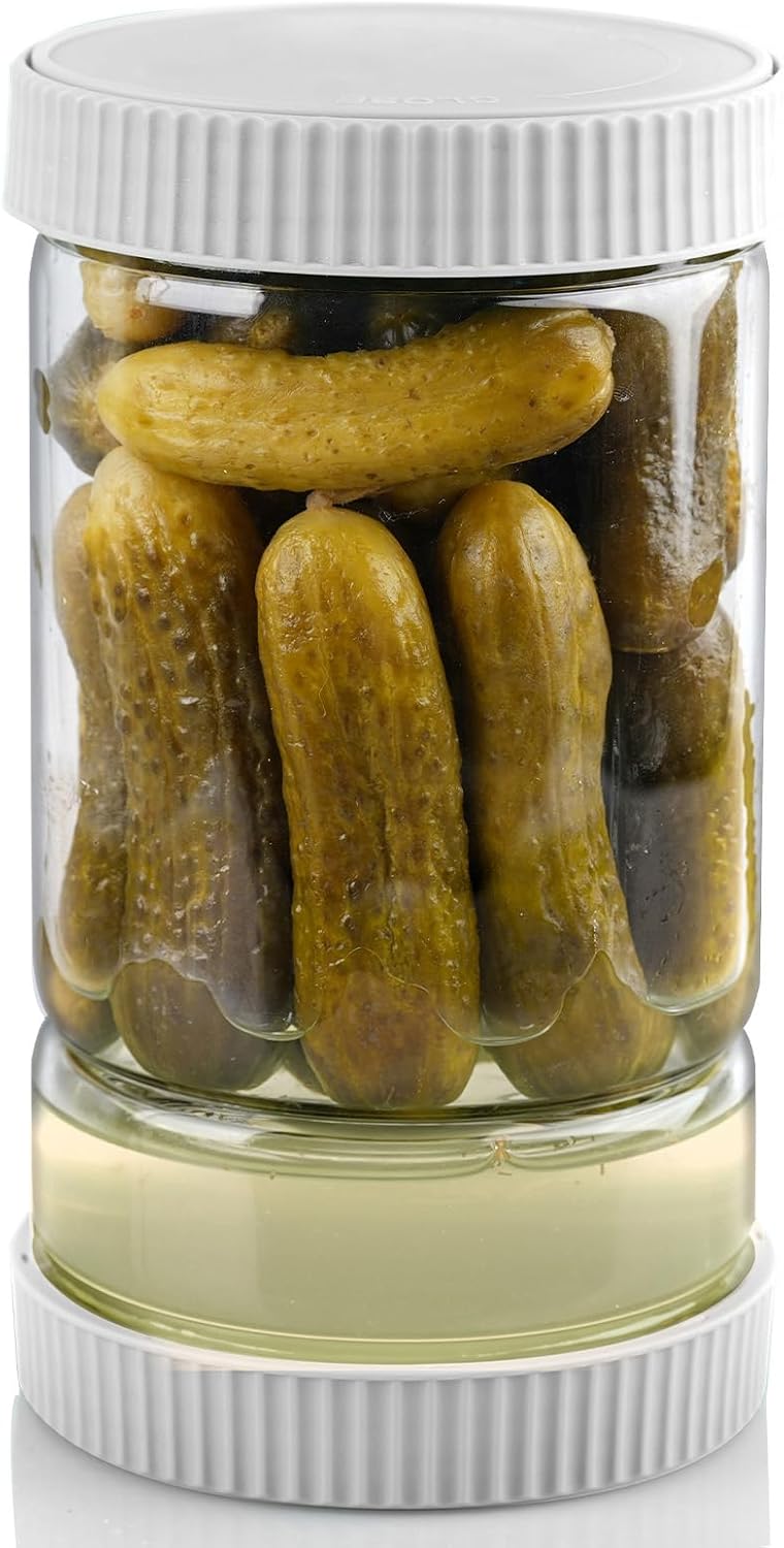 Pickle Jar with Strainer Flip Glass 40oz BPA-Free Airtight Pickles Juice Separator for Olive Jalapeno, Food Storage Containers with Lids for Pickles Lover, Grey
