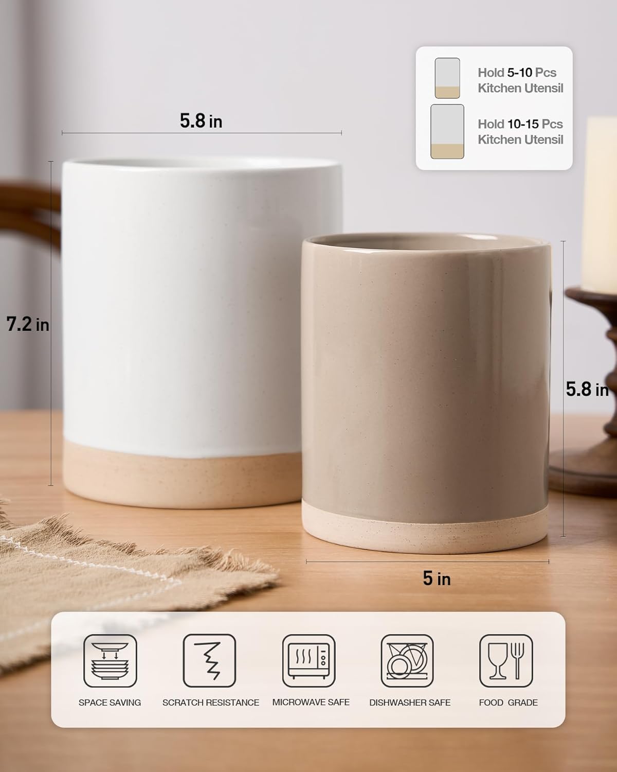 famiware Milkyway Kitchen Utensil Holder for Countertop, Ceramic Cooking Utensil Crocks for Kitchen Counter, Utensil Organizer for Spatula & Spoon, Set of 2, White and Cinnamon Brown