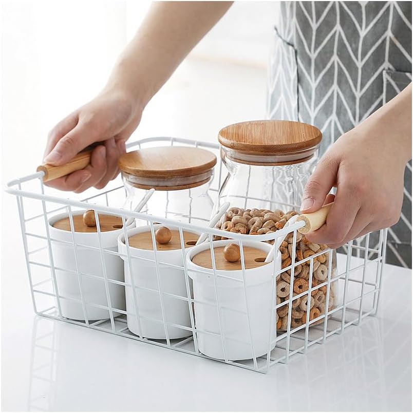 LeleCAT white wire baskets for organizing with Wooden Handles Storage Organizer Baskets, Household snack basket for Cabinets, Pantry, Closets, Bedrooms, pantry organizers and storage - Set of 2（White）