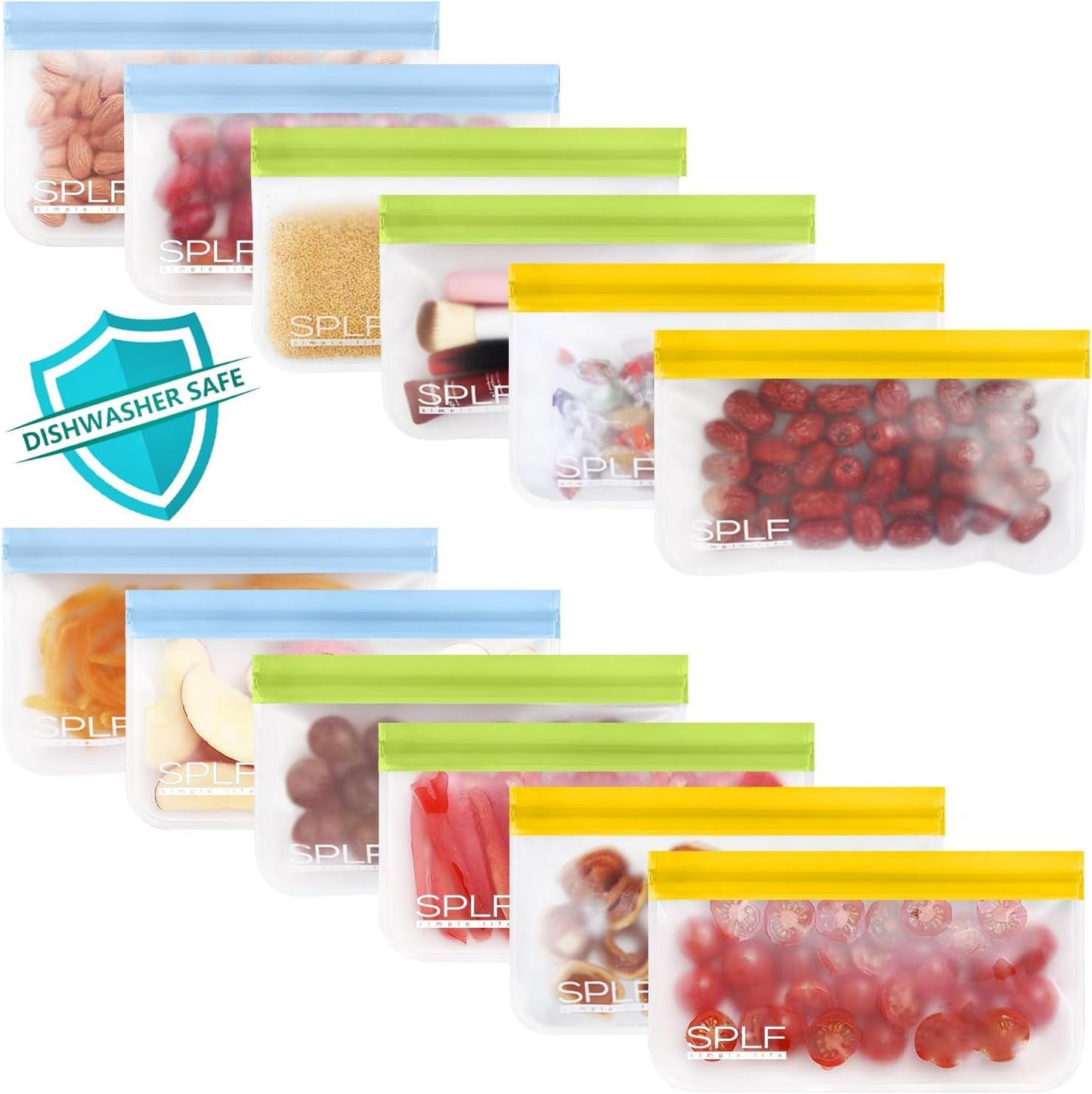 SPLF 12 Pack Dishwasher Safe Reusable Snack Bags, BPA Free Storage Bags, Extra Thick Leakproof Freezer Bags Silicone and Plastic Free Lunch Bags Food Storage