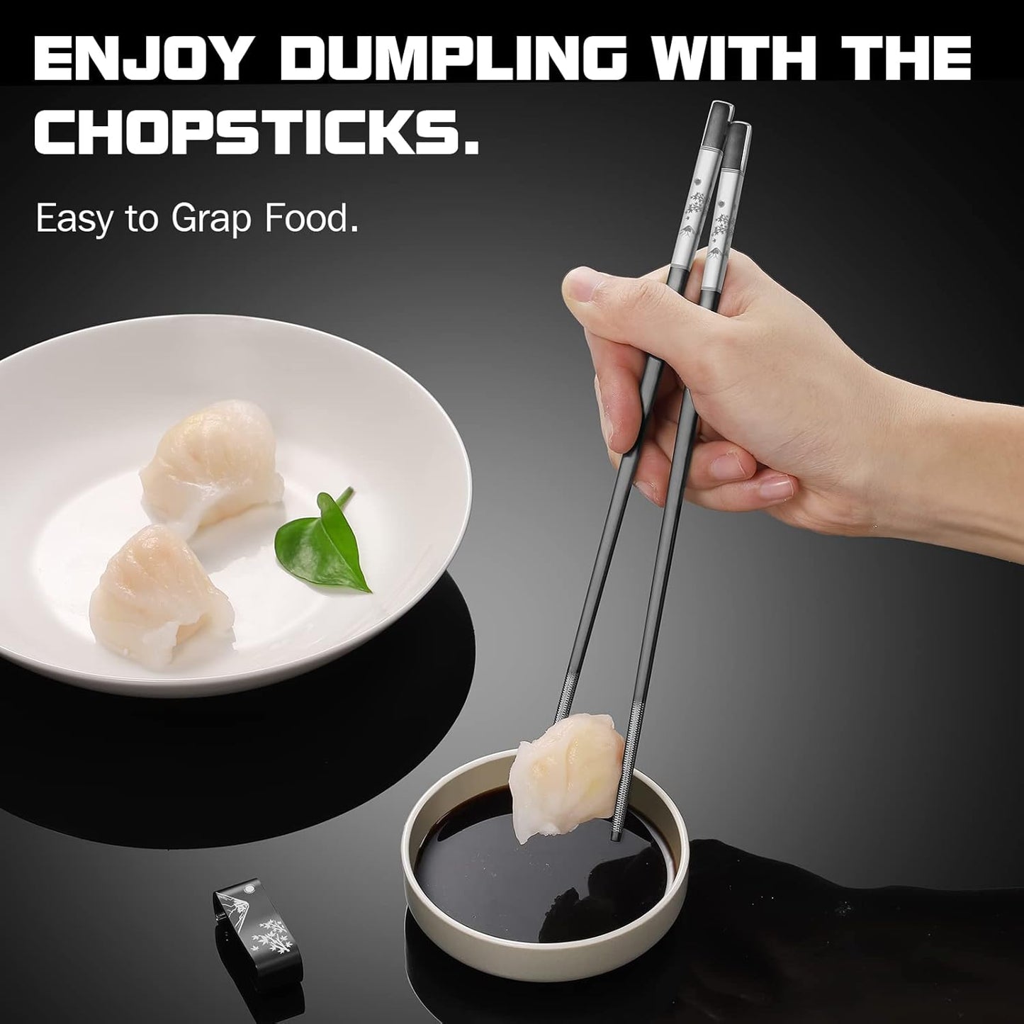 Premium 304 Stainless Steel Chopsticks Set - 2 Pairs Titanium Plated Japanese Style with Laser Engraved Design, Dishwasher Safe, Non-Slip Grip, Elegant Gift Box (Black)