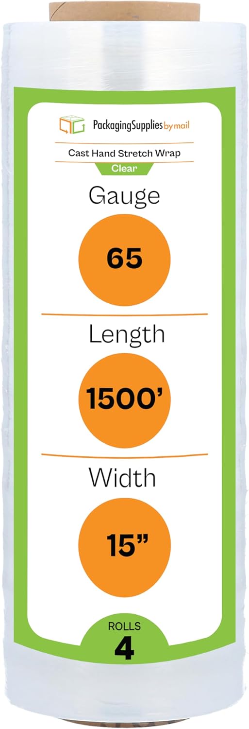PSBM Stretch Wrap, 4 Pack, 15 Inch x 1500 Feet, 65 Gauge, Clear Plastic Cling, Cast Hand Stretch Film Rolls for Packaging Moving Packing Pallets