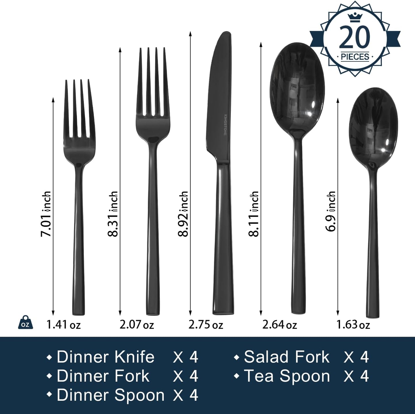 KINGSTONE Black Silverware Set, 20-Piece Forged Flatware Set Cutlery Set Premium Stainless Steel, Service for 4, for Kitchen, Home, Wedding, Party, Mirror Polished and Dishwasher Safe