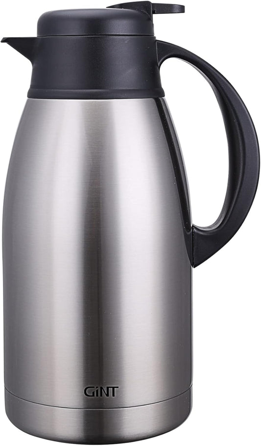 GiNT Stainless Steel Thermal Coffee Carafe, Double Walled Vacuum Water and Beverage Dispenser, 12 Hour Heat Retention, 65 OZ /1.9 Liter, Silver