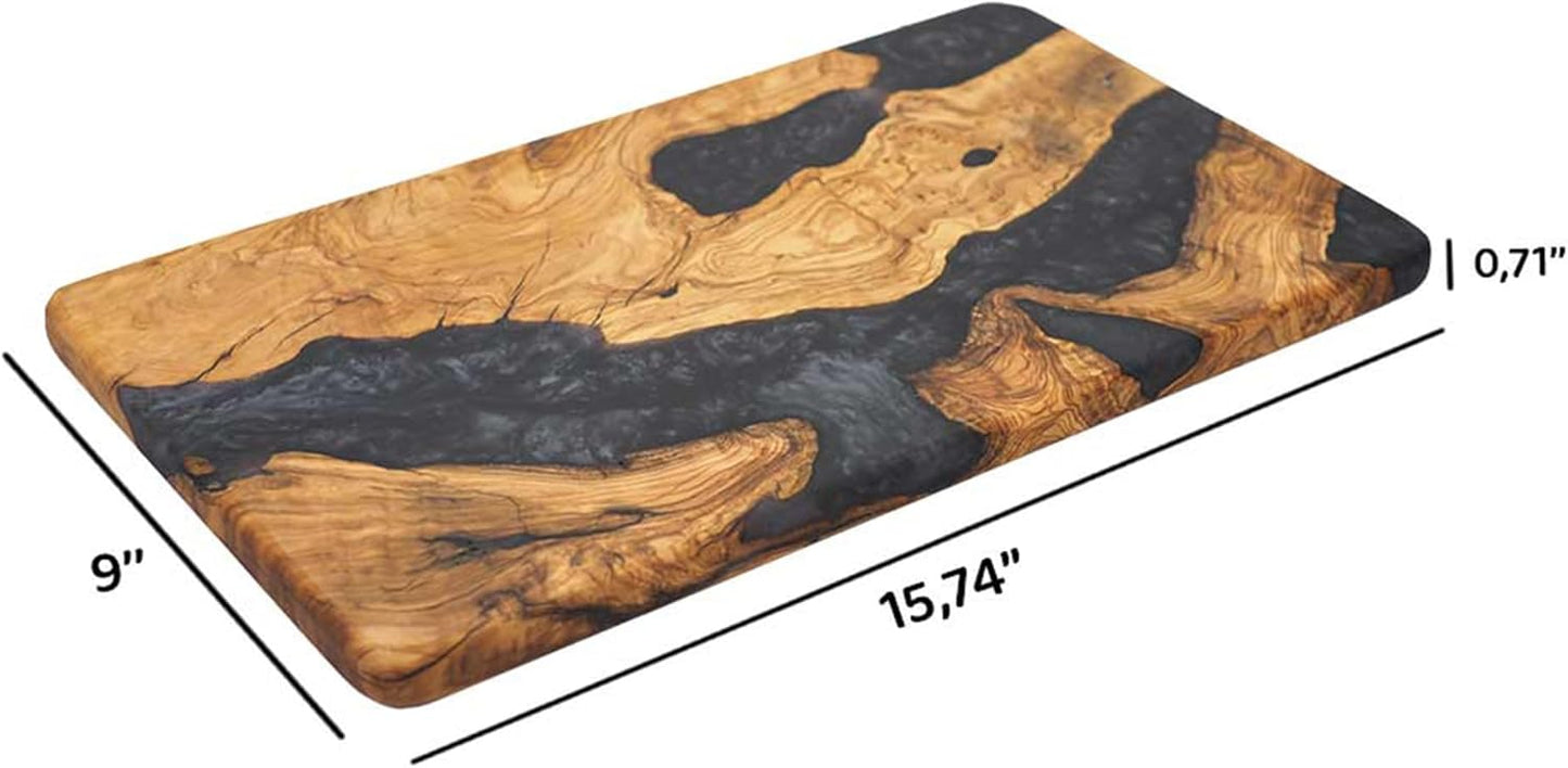 Handmade Epoxy Cutting Board & Charcuterie Board - Decorative, Olive Wood Boards for Serving Cheese, Fruit, Meat - Ideal for Kitchen, Unique Housewarming Gift - Black Resin