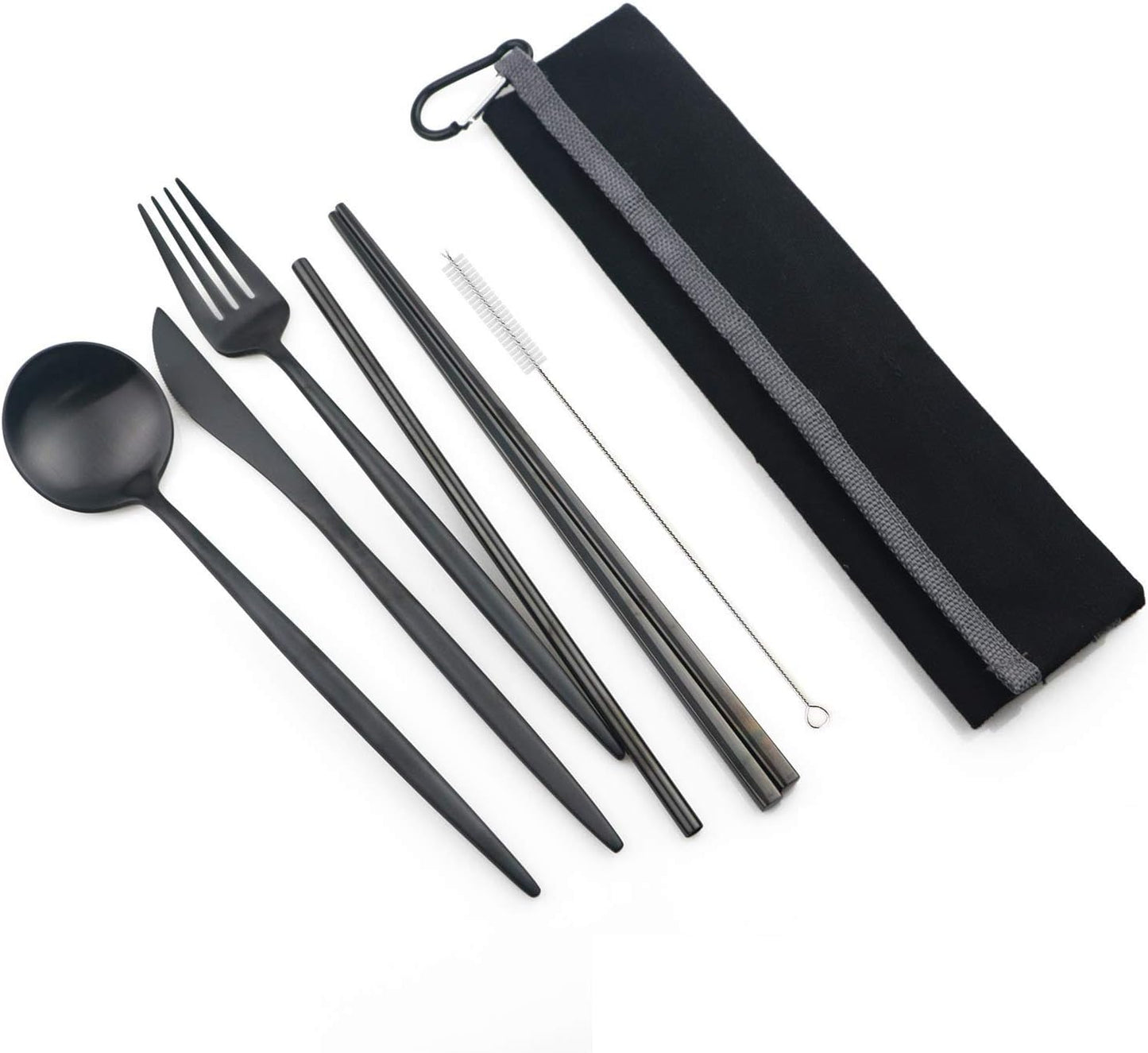 Portable 6 Pieces Flatware Set, 304 Stainless Steel Knife, Fork, Spoon, Chopsticks, Metal Straw, Cleaning Brush, Durable Travel Cutlery Set, Black Pouch Bag, Black