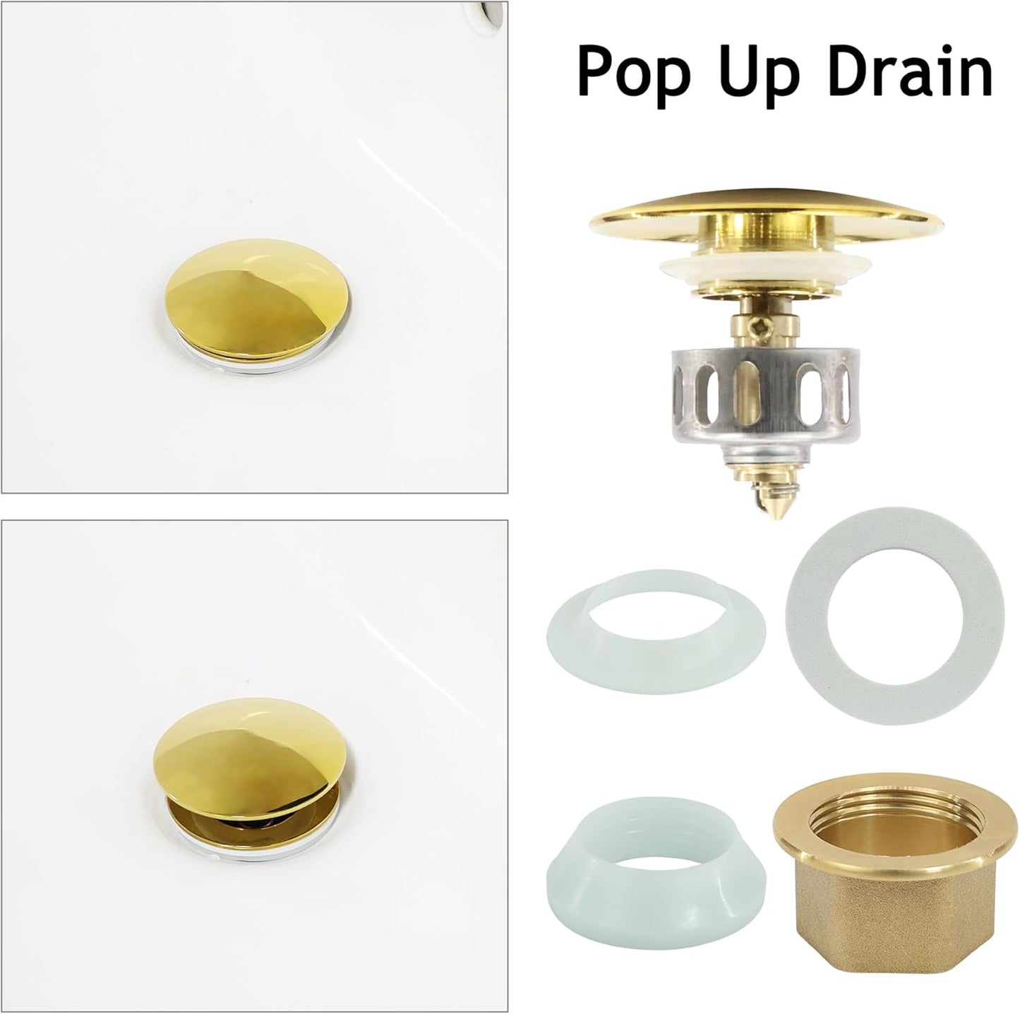 Bathroom Sink Drain, 4 Pack Gold Drain Stopper with Overflow,Pop Up Drain Assembly Without Detachable Strainer Basket,Built-in Anti-Clogging Strainer,Stainless Steel