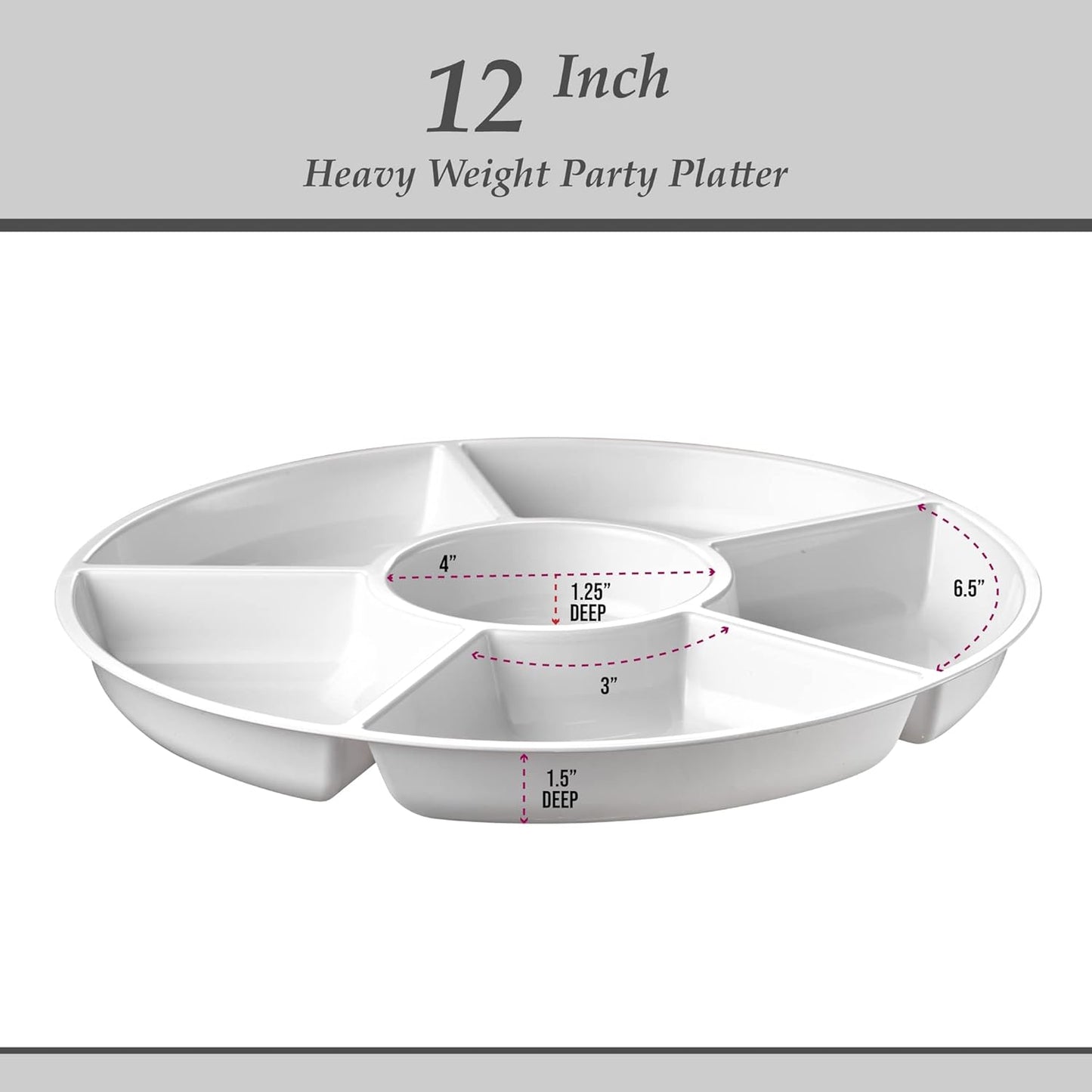 Plasticpro 6 Sectional Round Plastic Serving Tray/Platter (4, White)