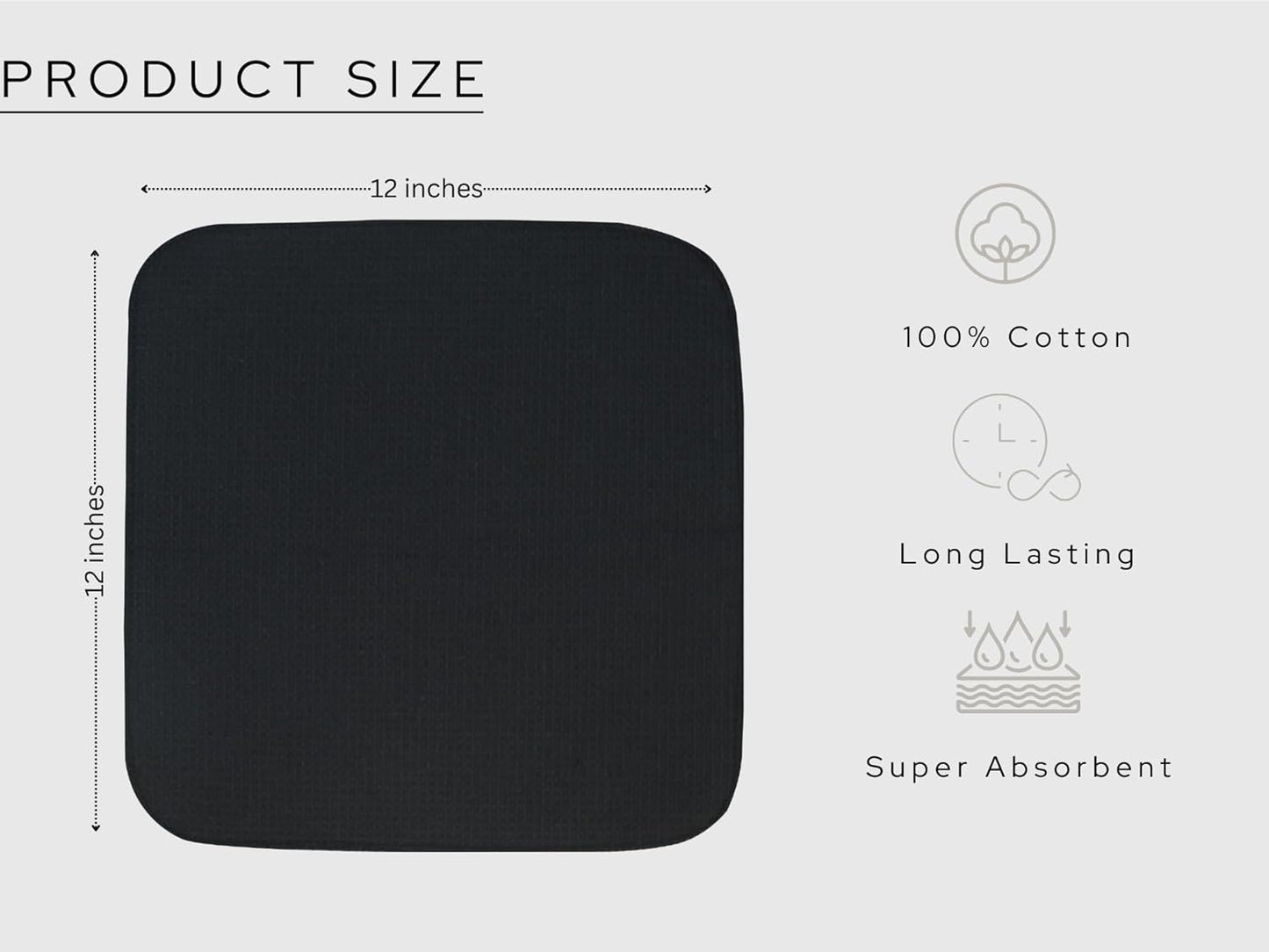 PurpleEssences Dish Cloths and Dish Rags - 6 Pack Waffle Weave Solid Kitchen Dish Wash Cloths, 100% Cotton, 12 x 12 Inches, Ultra Soft Absorbent Quick Drying - Spring Summer - Black