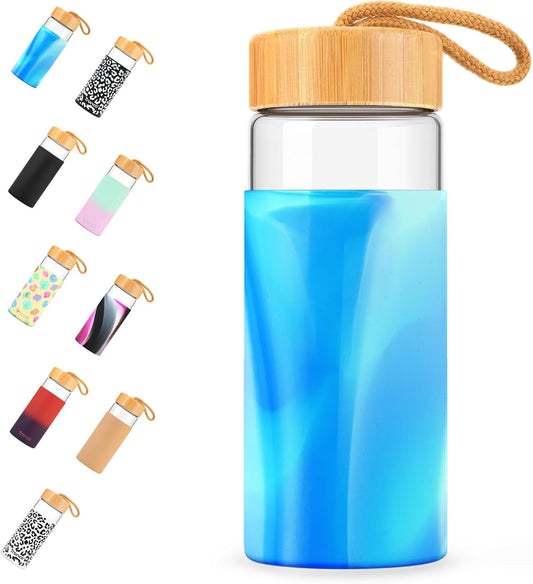 Tronco 20oz Borosilicate Glass Water Bottle with Bamboo Lid, Non-Slip Silicone Sleeve, Leak-Proof and Reusable Glass Bottle Perfect for gifts,Travel, Gym, and Everyday Use, BPA-Free, Dishwasher Safe