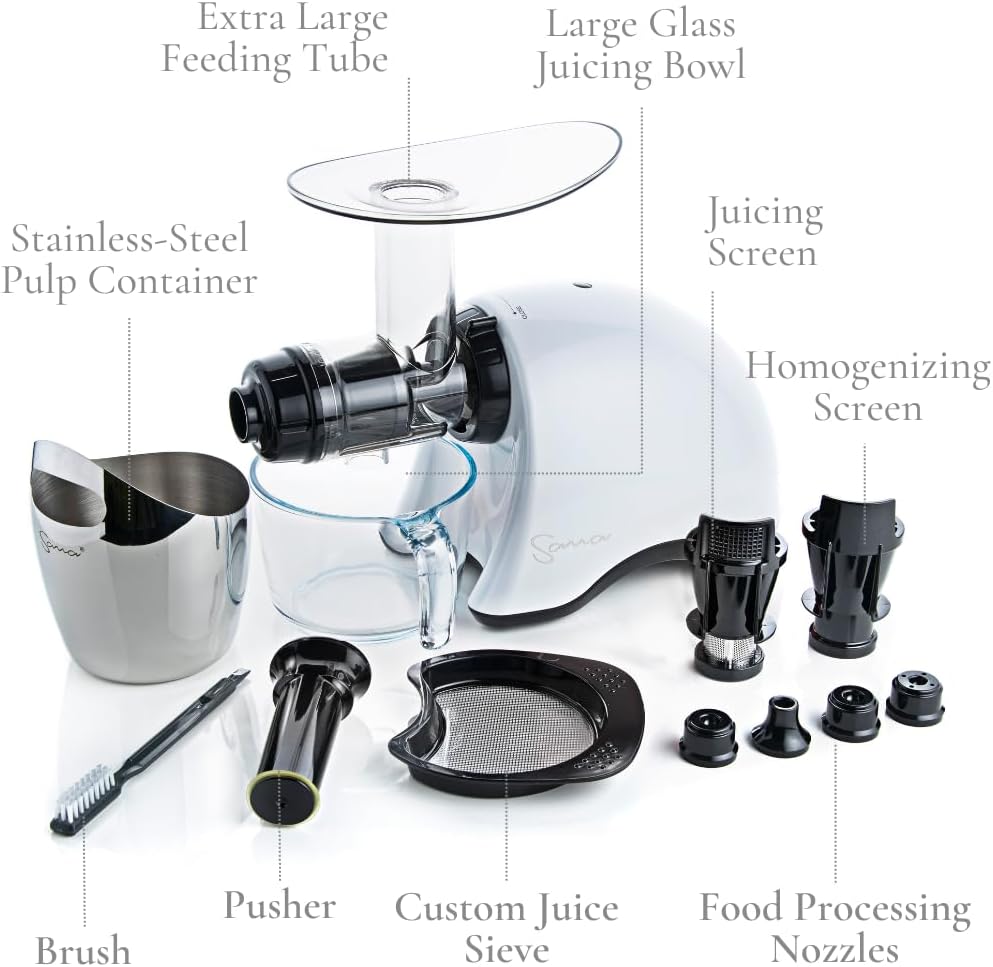 Cold Press SANA 707 Classic Horizontal Single Auger Slow/Low Speed Juicer | Easy Clean, Powerful Motor, Auto Feed, Compact, Celery Attachment, Frozen Desserts, Pasta Extrusion, 15 Year Warranty, White