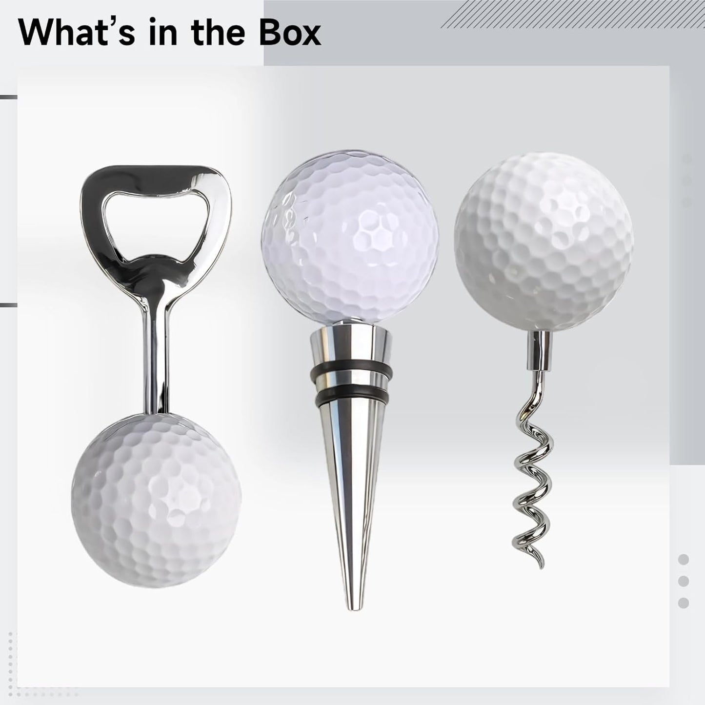 Golf Ball Wine Bottle Opener and Stopper Set (3 PCS), Zinc Alloy Wine Accessories with Stylish Golf Ball Design (1 Wine Bottle Opener and 2 Stoppers), Gift for Golf Enthusiasts