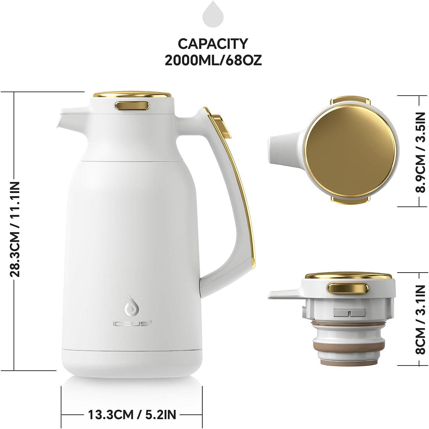 IDEUS Thermal Coffee Carafe 68oz (2,000ml), Stainless Steel Double Wall Insulated Vacuum Flask, Water Jug Coffee Server and Beverage Dispenser, Heat and Cold Retention (White-Gold, 68oz (2,000ml))