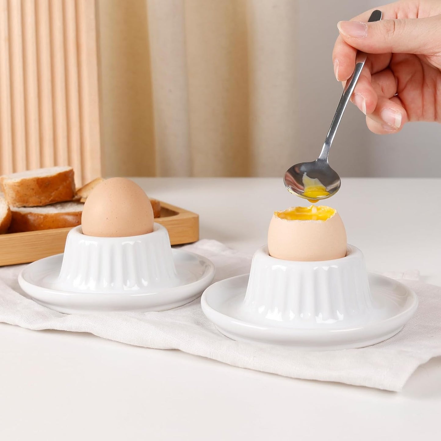INGOFIN 2 Pcs Ceramic Egg Cups, Soft Boiled Egg Holders Set, Classic Porcelain Stackable, Easy to Clean Tray, Decorative Serving Dish for Breakfast, Easter or Kitchen, White